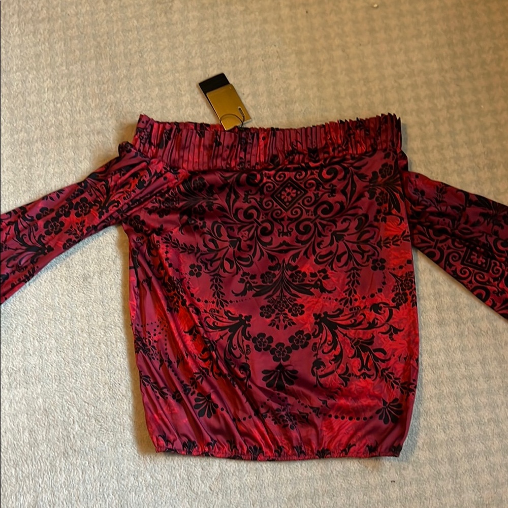 Alberto Makali Red and Black Off Shoulder Patterned Top